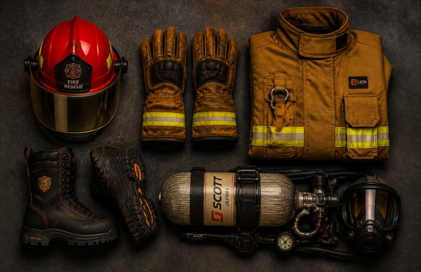 Set lengkap fire safety equipment: fire helmet, fire gloves, fire boots, fire suit, dan SCBA